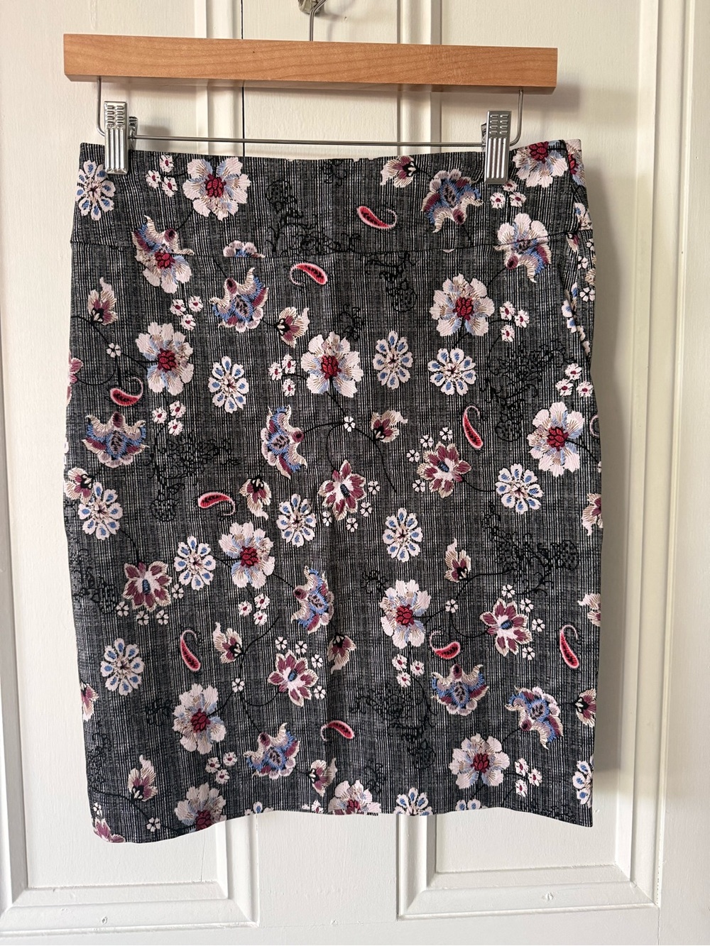 Margaret M Floral Pencil Skirt - Gray with Pink & Blue Accents